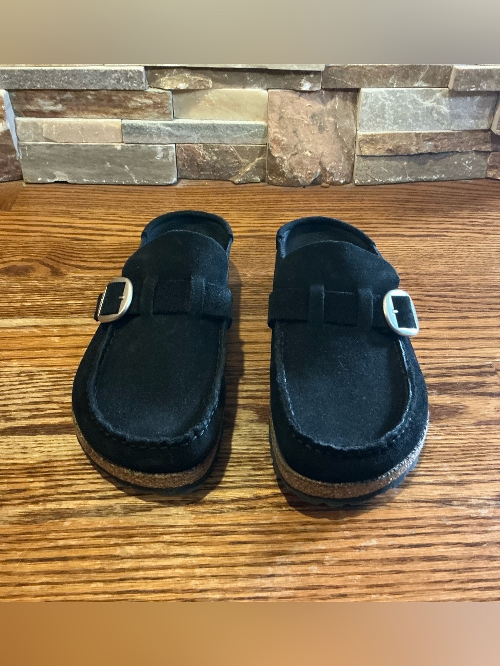 Birkenstock women’s Black Suede Buckley Clogs